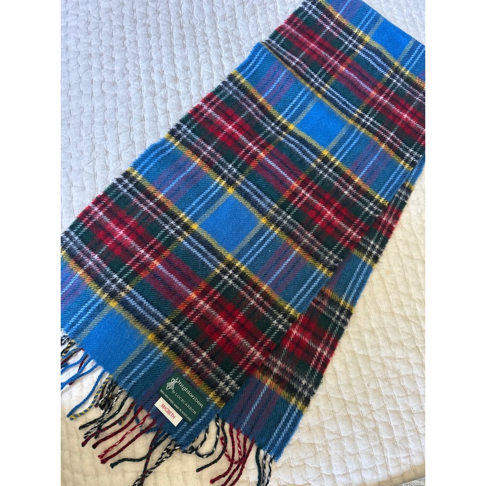Lochcarron Highlander Scotland Wool Scarf Macbeth Tartan Blue Red Plaid Fringed